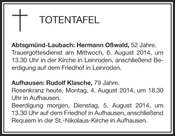 Anzeige von Totentafel vom 04.08.2014 von Schwäbische Zeitung