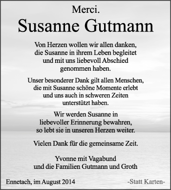 Anzeige von Susanne Gutmann von Schwäbische Zeitung