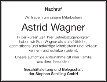 Anzeige von Astrid Wagner von Schwäbische Zeitung