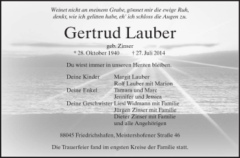 Anzeige von Gertrud Lauber von Schwäbische Zeitung