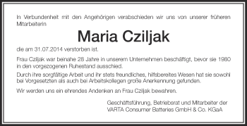 Anzeige von Maria Cziljak von Schwäbische Zeitung
