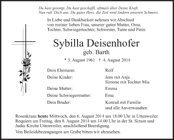 Anzeige von Sybilla Deisenhofer von Schwäbische Zeitung