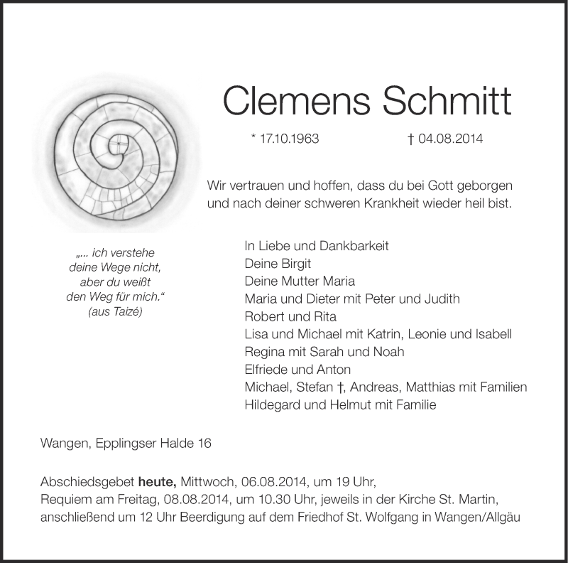  Traueranzeige für Clemens Schmitt vom 06.08.2014 aus Schwäbische Zeitung
