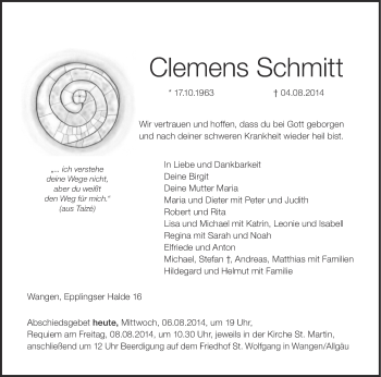Anzeige von Clemens Schmitt von Schwäbische Zeitung
