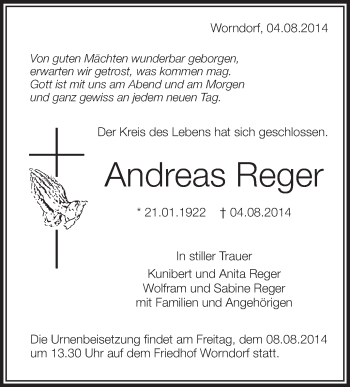 Anzeige von Andreas Reger von Schwäbische Zeitung