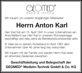Anzeige von Anton Karl von Schwäbische Zeitung