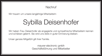 Anzeige von Sybilla Deisenhofer von Schwäbische Zeitung