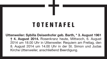 Anzeige von Totentafel vom 05.08.2014 von Schwäbische Zeitung