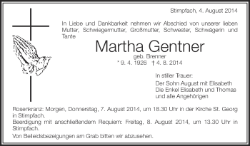 Anzeige von Martha Gentner von Schwäbische Zeitung