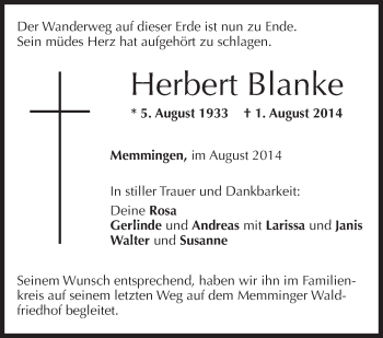 Anzeige von Herbert Blanke von Schwäbische Zeitung