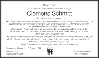 Anzeige von Clemens Schmitt von Schwäbische Zeitung