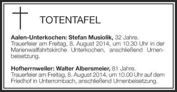 Anzeige von Totentafel vom 07.08.2014 von Schwäbische Zeitung