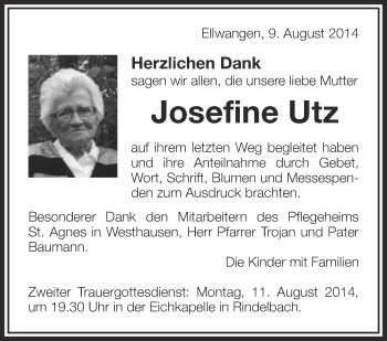 Anzeige von Josefine Utz von Schwäbische Zeitung