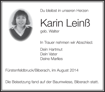 Anzeige von Karin Leinß von Schwäbische Zeitung