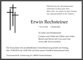 Anzeige von Erwin Rechsteiner von Schwäbische Zeitung