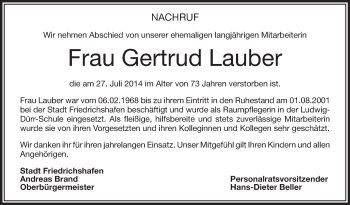 Anzeige von Gertrud Lauber von Schwäbische Zeitung