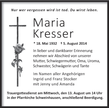 Anzeige von Maria Kresser von Schwäbische Zeitung