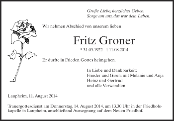 Anzeige von Friedrich Groner von Schwäbische Zeitung