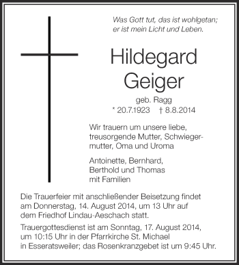 Anzeige von Hildegard Geiger von Schwäbische Zeitung