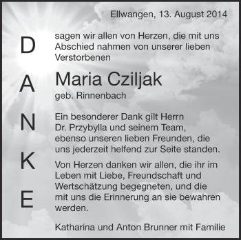 Anzeige von Maria Cziljak von Schwäbische Zeitung