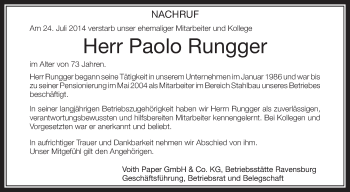 Anzeige von Paolo Rungger von Schwäbische Zeitung