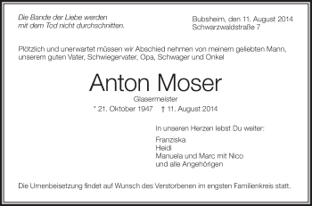 Anzeige von Anton Moser von Schwäbische Zeitung