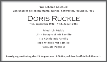 Anzeige von Doris Rückle von Schwäbische Zeitung