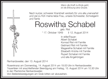 Anzeige von Roswitha Schabel von Schwäbische Zeitung
