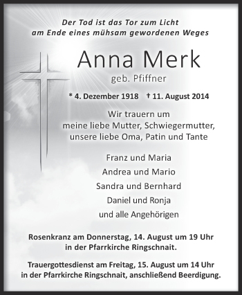 Anzeige von Anna Merk von Schwäbische Zeitung
