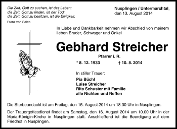 Anzeige von Gebhard Streicher von Schwäbische Zeitung