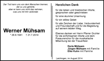 Anzeige von Werner Mühsam von Schwäbische Zeitung