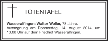 Anzeige von Totentafel vom 13.08.2014 von Schwäbische Zeitung