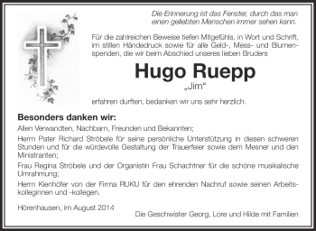 Anzeige von Hugo Ruepp von Schwäbische Zeitung