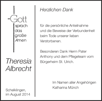 Anzeige von Theresia Albrecht von Schwäbische Zeitung