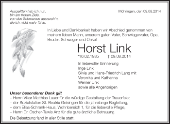 Anzeige von Horst Link von Schwäbische Zeitung