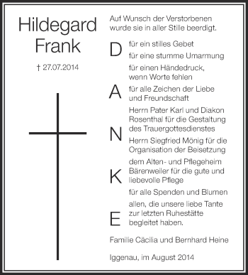 Anzeige von Hildegard Frank von Schwäbische Zeitung