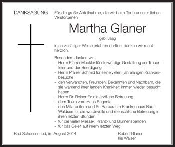 Anzeige von Martha Glaner von Schwäbische Zeitung