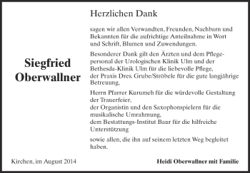 Anzeige von Siegfried Oberwallner von Schwäbische Zeitung