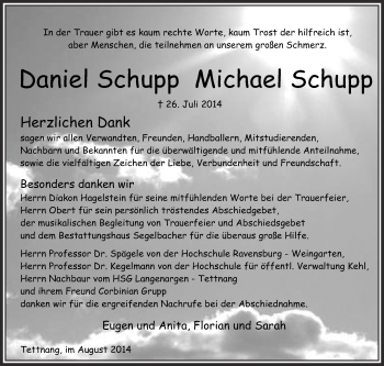 Anzeige von Daniel und Michael Schupp von Schwäbische Zeitung