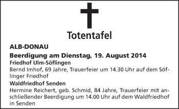 Anzeige von Totentafel vom 16.08.2014 von Schwäbische Zeitung