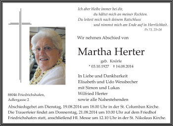 Anzeige von Martha Herter von Schwäbische Zeitung