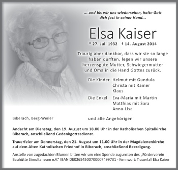Anzeige von Elsa Kaiser von Schwäbische Zeitung