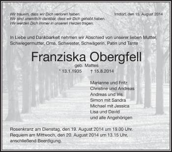 Anzeige von Franziska Obergfell von Schwäbische Zeitung