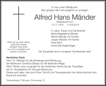 Anzeige von Alfred Hans Mänder von Schwäbische Zeitung
