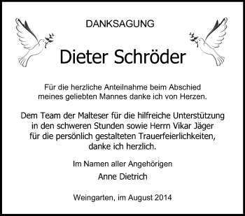 Anzeige von Dieter Schröder von Schwäbische Zeitung