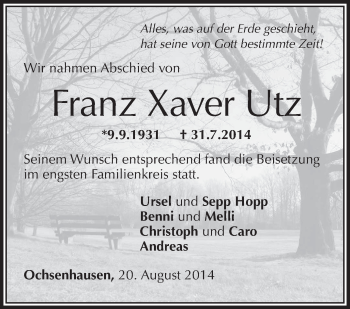 Anzeige von Franz Xaver Utz von Schwäbische Zeitung