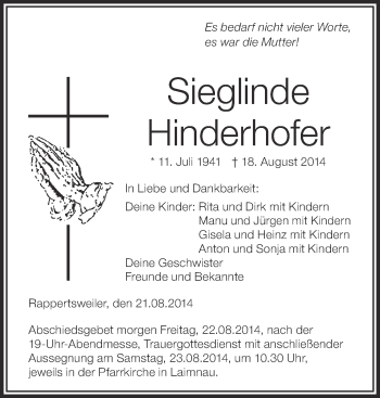 Anzeige von Sieglinde Hinderhofer von Schwäbische Zeitung