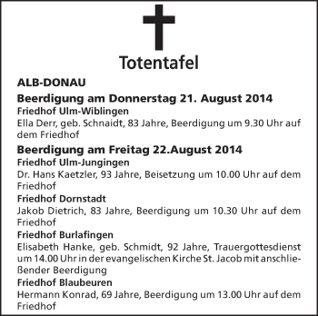 Anzeige von Totentafel, vom 21.08.2014 von Schwäbische Zeitung