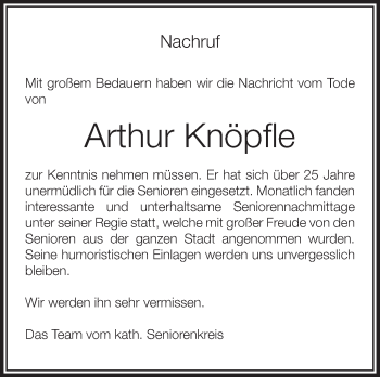 Anzeige von Arthur Knöpfle von Schwäbische Zeitung