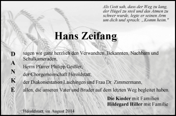 Anzeige von Hans Zeifang von Schwäbische Zeitung
